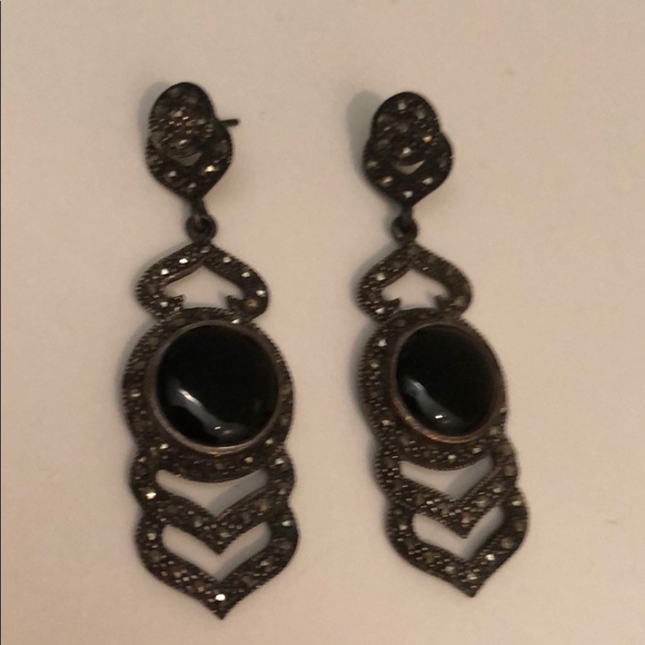 VINTAGE BLACK ONYX MARCASITE CHEVRON DANGLING - Picture 2 of 9